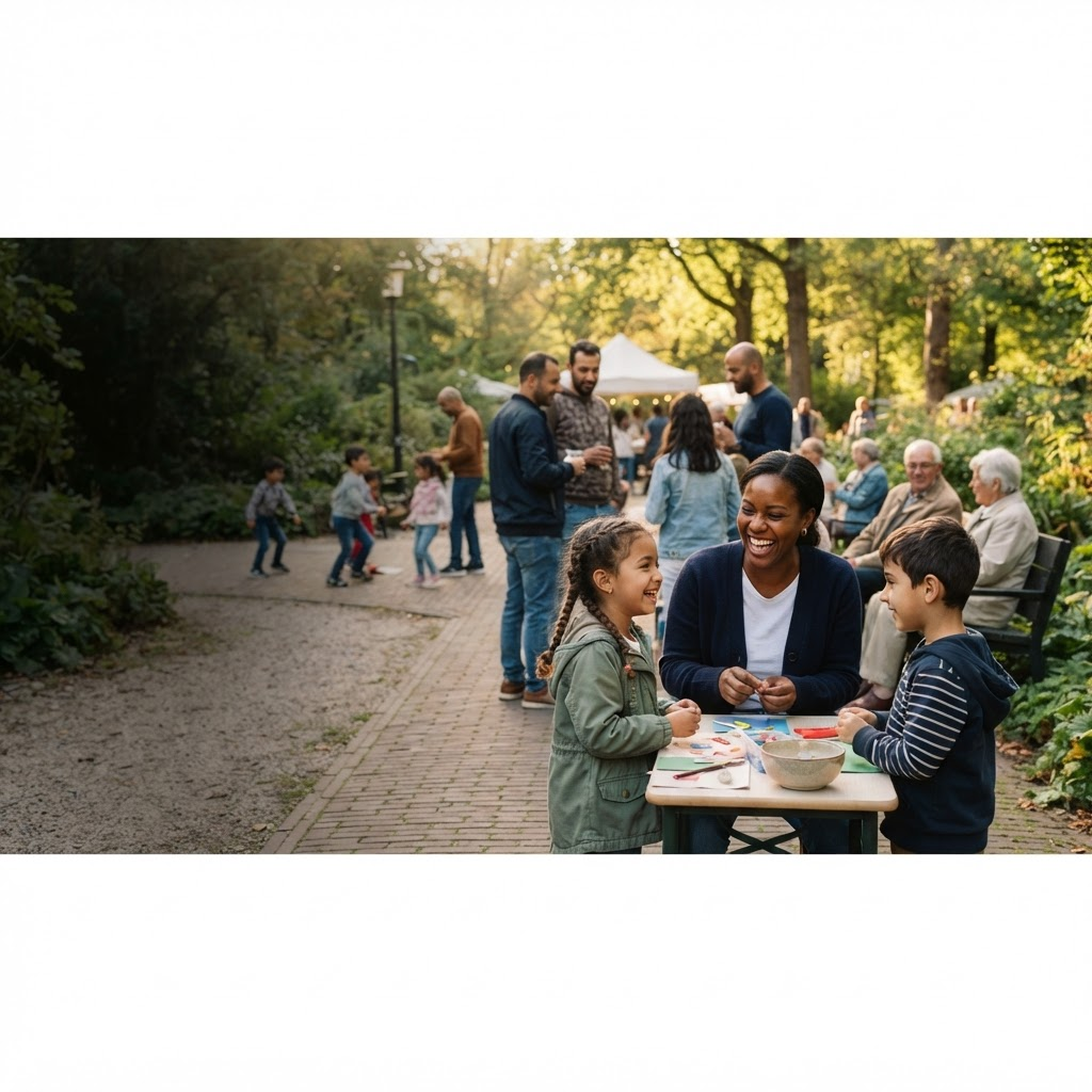 People gathering together in a green community space